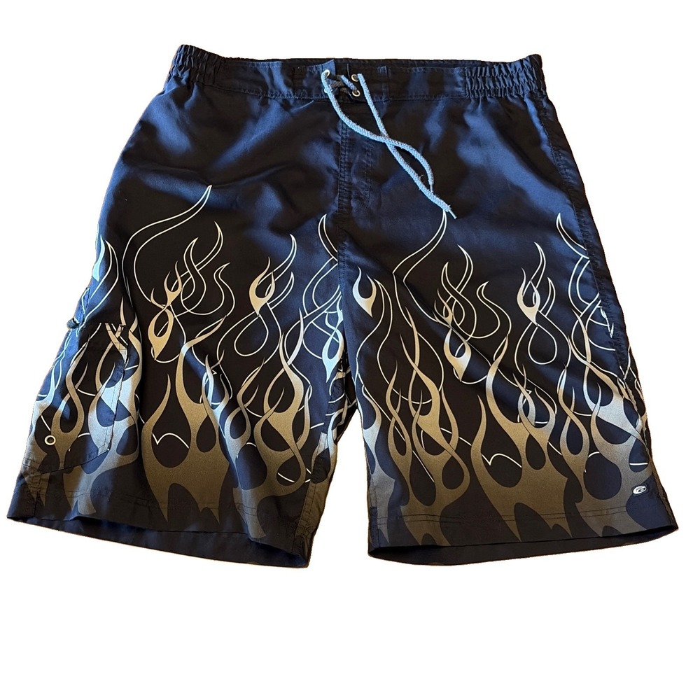VTG Point Zero Men's M Graphic Floral Surf Board Shorts 90s Y2K Flames Biker